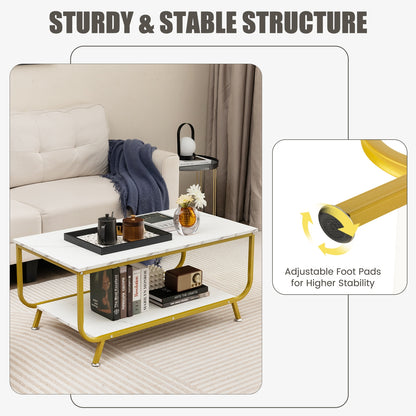 Modern Rectangular Coffee Table with Faux Marble Top and Two-Tier Metal Frame