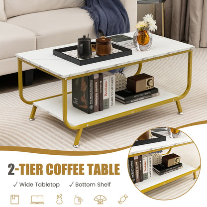 Modern Rectangular Coffee Table with Faux Marble Top and Two-Tier Metal Frame