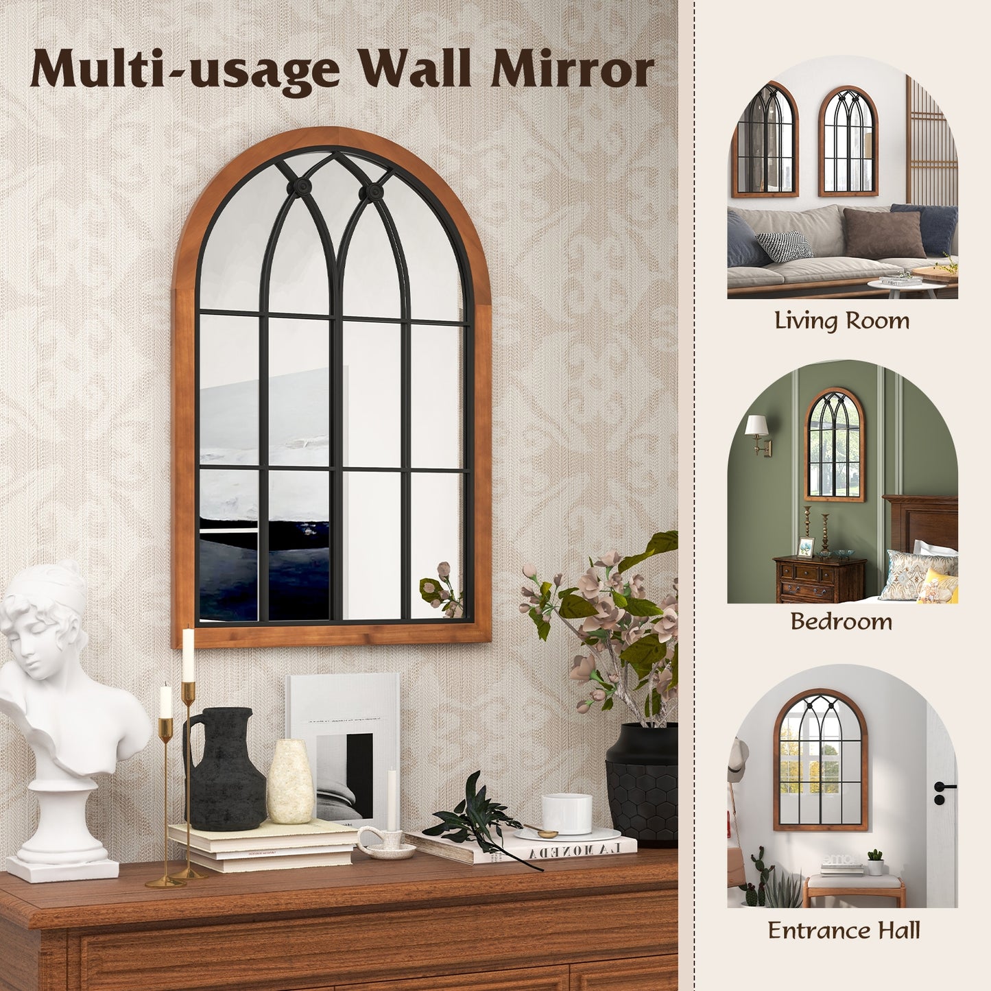 Arched Window Design Wall Mirror with Sturdy Backboard