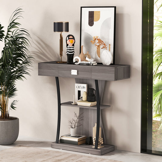 Entryway Console Table with Drawer and 2-Tier Shelves, Modern Accent Furniture, Grey