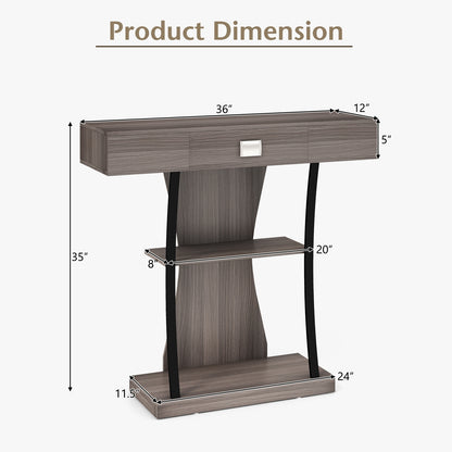 Entryway Console Table with Drawer and 2-Tier Shelves, Modern Accent Furniture, Grey