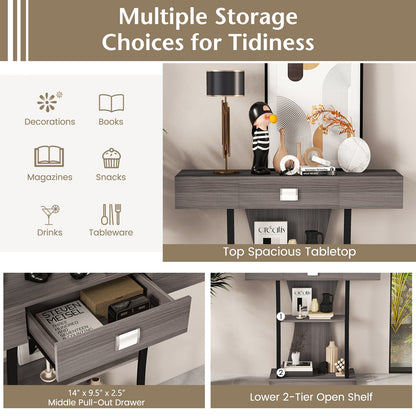 Entryway Console Table with Drawer and 2-Tier Shelves, Modern Accent Furniture, Grey