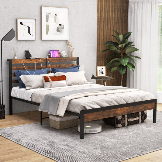 Rustic Brown Metal Platform Bed Frame with Storage Headboard and Built-in Charging Station - Full Size