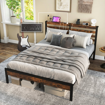 Rustic Brown Metal Platform Bed Frame with Storage Headboard and Built-in Charging Station - Queen Size