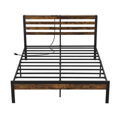 Rustic Brown Metal Platform Bed Frame with Storage Headboard and Built-in Charging Station - Queen Size