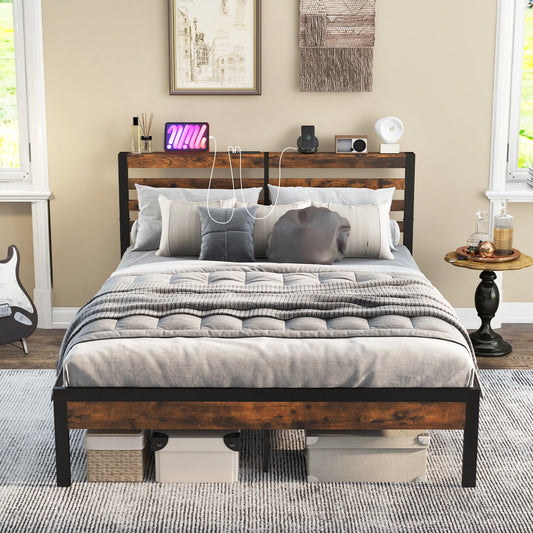 Rustic Brown Metal Platform Bed Frame with Storage Headboard and Built-in Charging Station - Queen Size