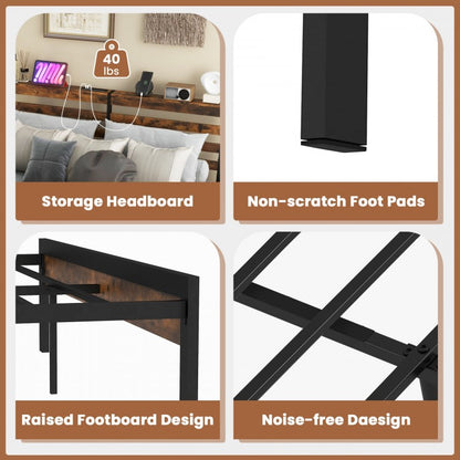 Rustic Brown Metal Platform Bed Frame with Storage Headboard and Built-in Charging Station - Queen Size