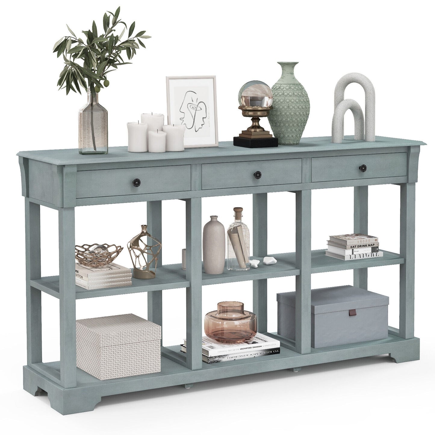 Vintage Style Console Table with Three Drawers and Open Shelves 58 Inch Entryway Accent Table - Blue