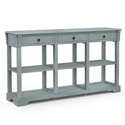 Vintage Style Console Table with Three Drawers and Open Shelves 58 Inch Entryway Accent Table - Blue