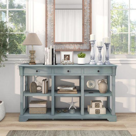 Vintage Style Console Table with Three Drawers and Open Shelves 58 Inch Entryway Accent Table - Blue