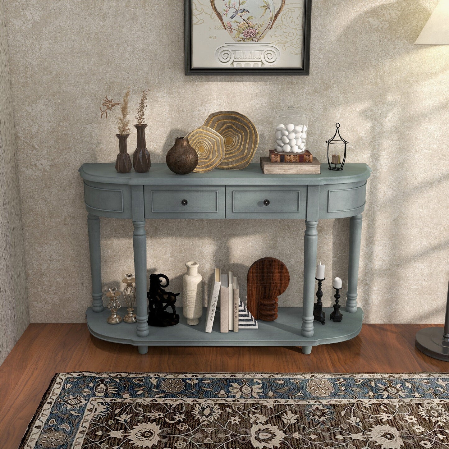 Retro Entryway Table with Two Storage Drawers and Bottom Shelf, 52 Inch Accent Console