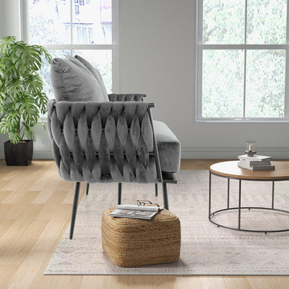 Elegant Upholstered Loveseat in Dutch Velvet with Woven Backrest and Pillows – Grey
