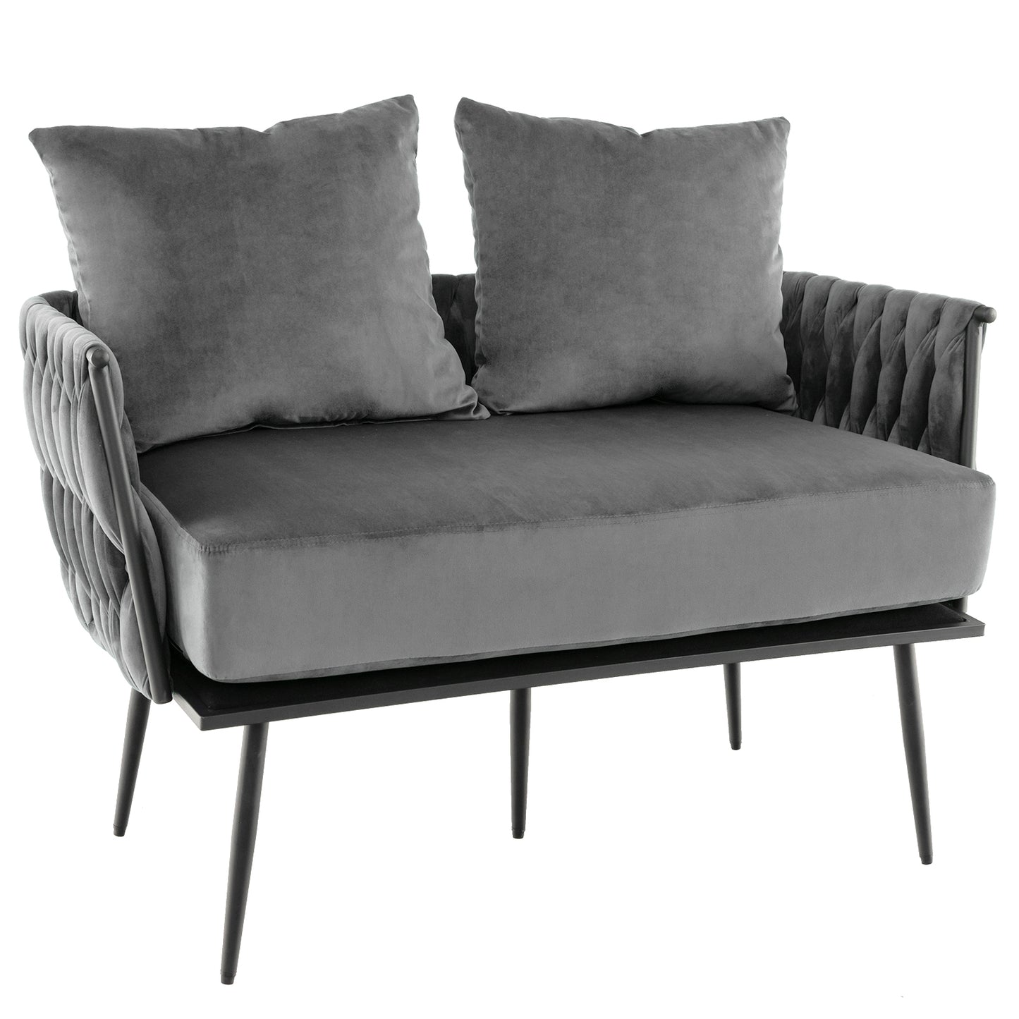 Elegant Upholstered Loveseat in Dutch Velvet with Woven Backrest and Pillows – Grey