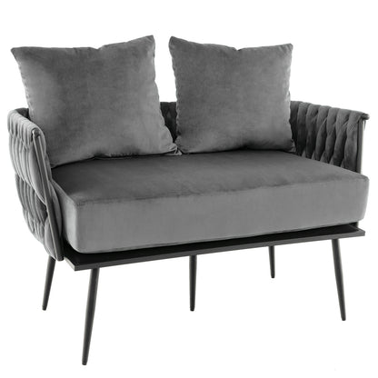 Elegant Upholstered Loveseat in Dutch Velvet with Woven Backrest and Pillows – Grey
