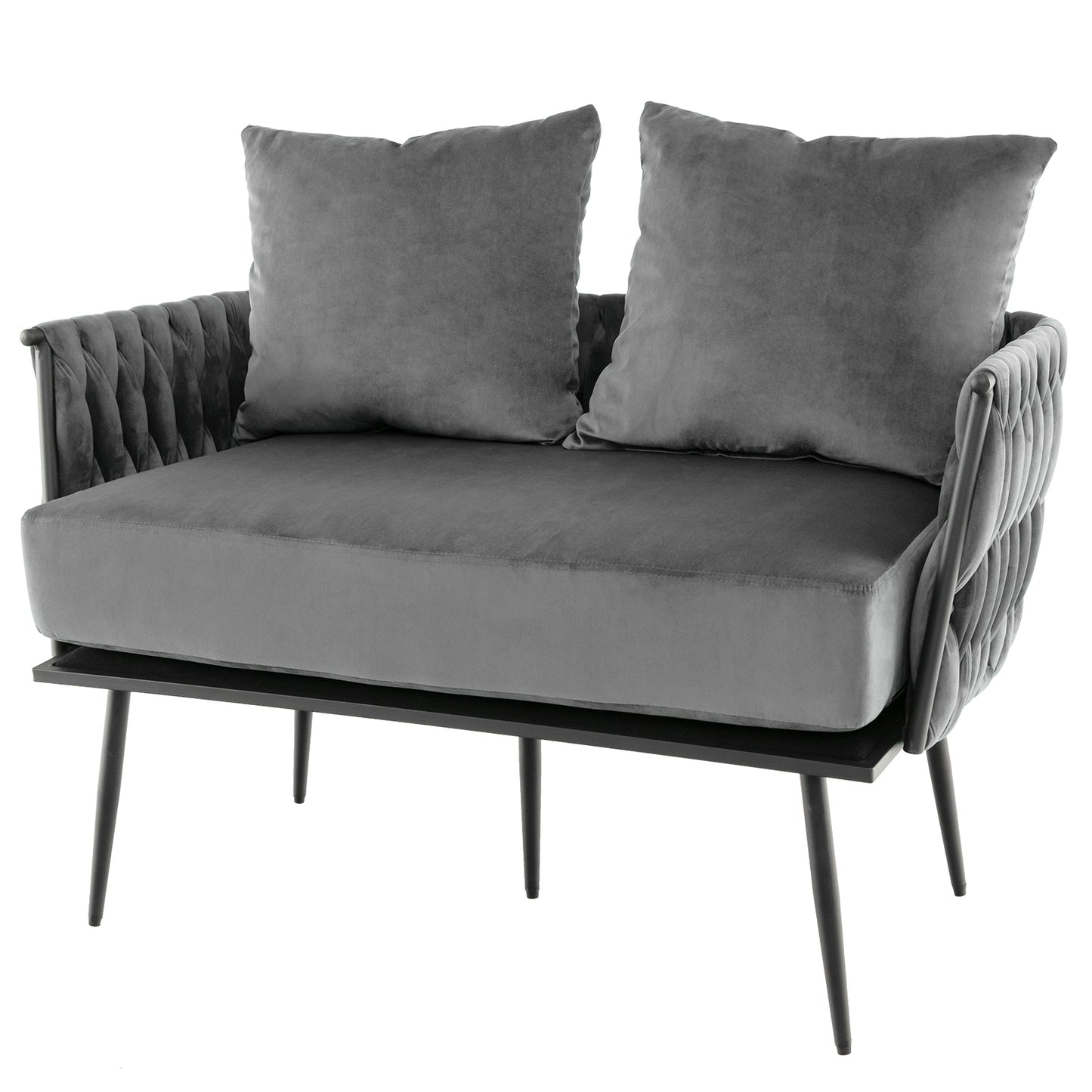 Elegant Upholstered Loveseat in Dutch Velvet with Woven Backrest and Pillows – Grey