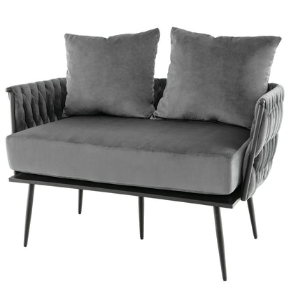 Elegant Upholstered Loveseat in Dutch Velvet with Woven Backrest and Pillows – Grey