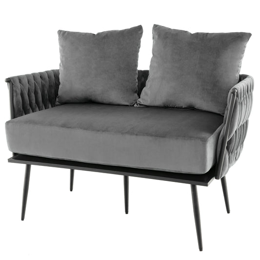 Elegant Upholstered Loveseat in Dutch Velvet with Woven Backrest and Pillows – Grey