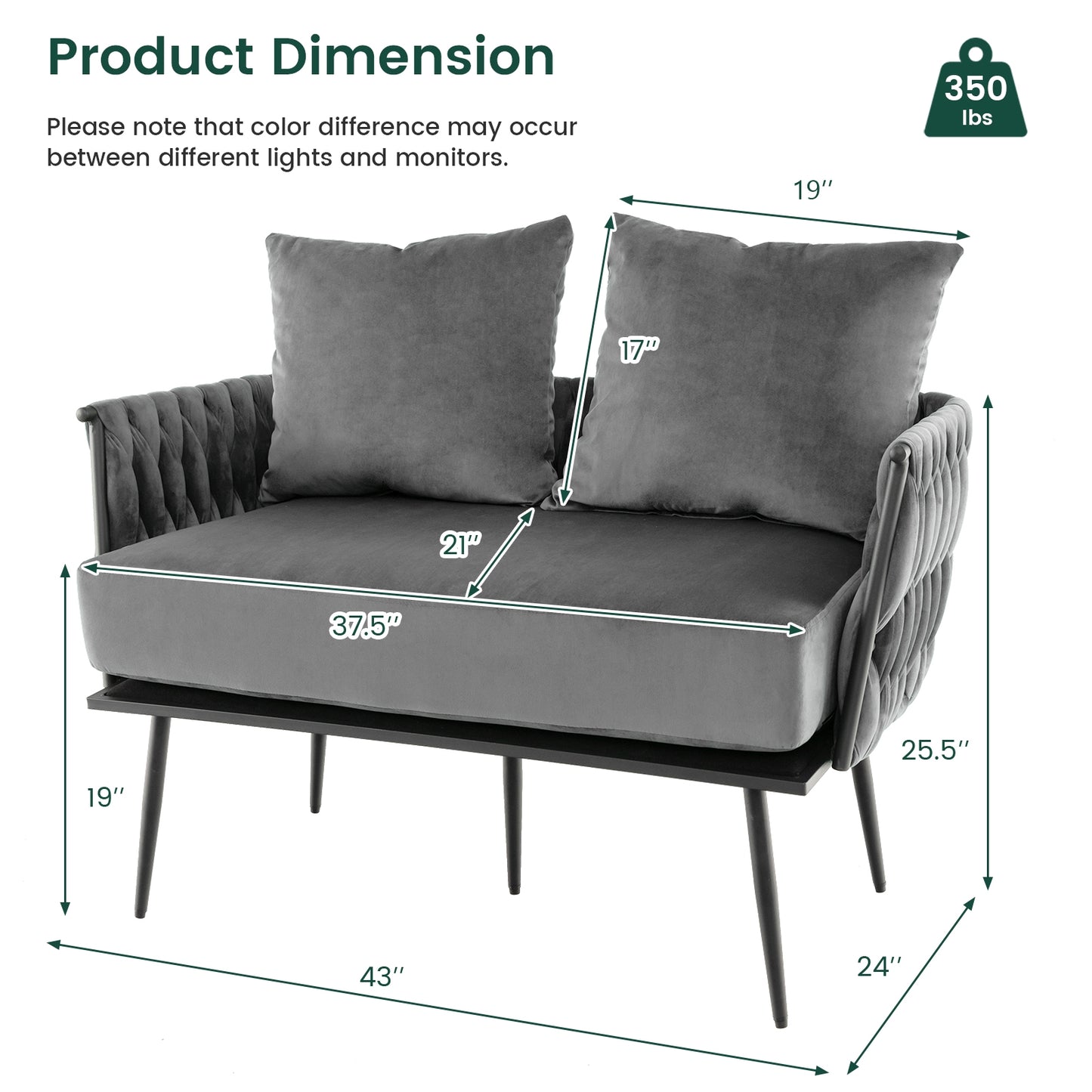Elegant Upholstered Loveseat in Dutch Velvet with Woven Backrest and Pillows – Grey