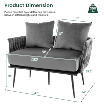 Elegant Upholstered Loveseat in Dutch Velvet with Woven Backrest and Pillows – Grey