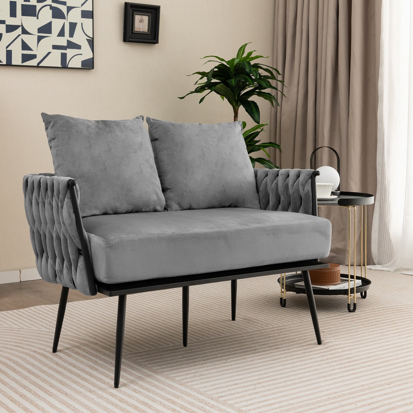 Elegant Upholstered Loveseat in Dutch Velvet with Woven Backrest and Pillows – Grey