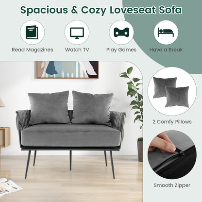 Elegant Upholstered Loveseat in Dutch Velvet with Woven Backrest and Pillows – Grey