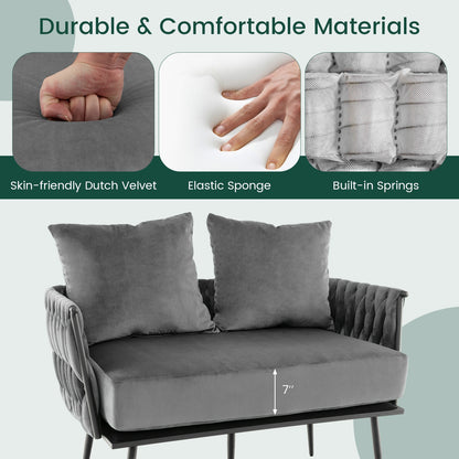 Elegant Upholstered Loveseat in Dutch Velvet with Woven Backrest and Pillows – Grey