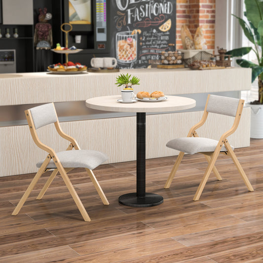 Pair of Wooden Folding Dining Chairs with Linen Fabric Padded Seat and Backrest - Natural