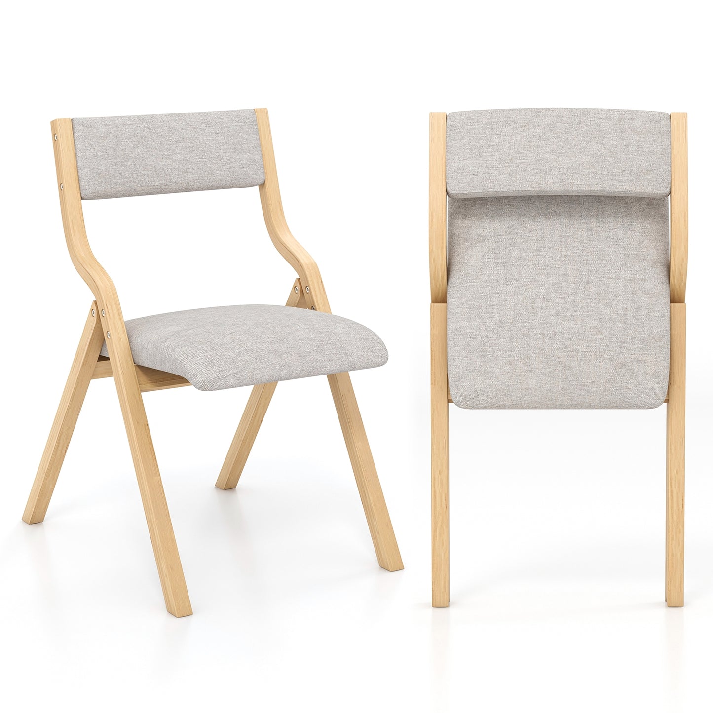Pair of Wooden Folding Dining Chairs with Linen Fabric Padded Seat and Backrest - Natural
