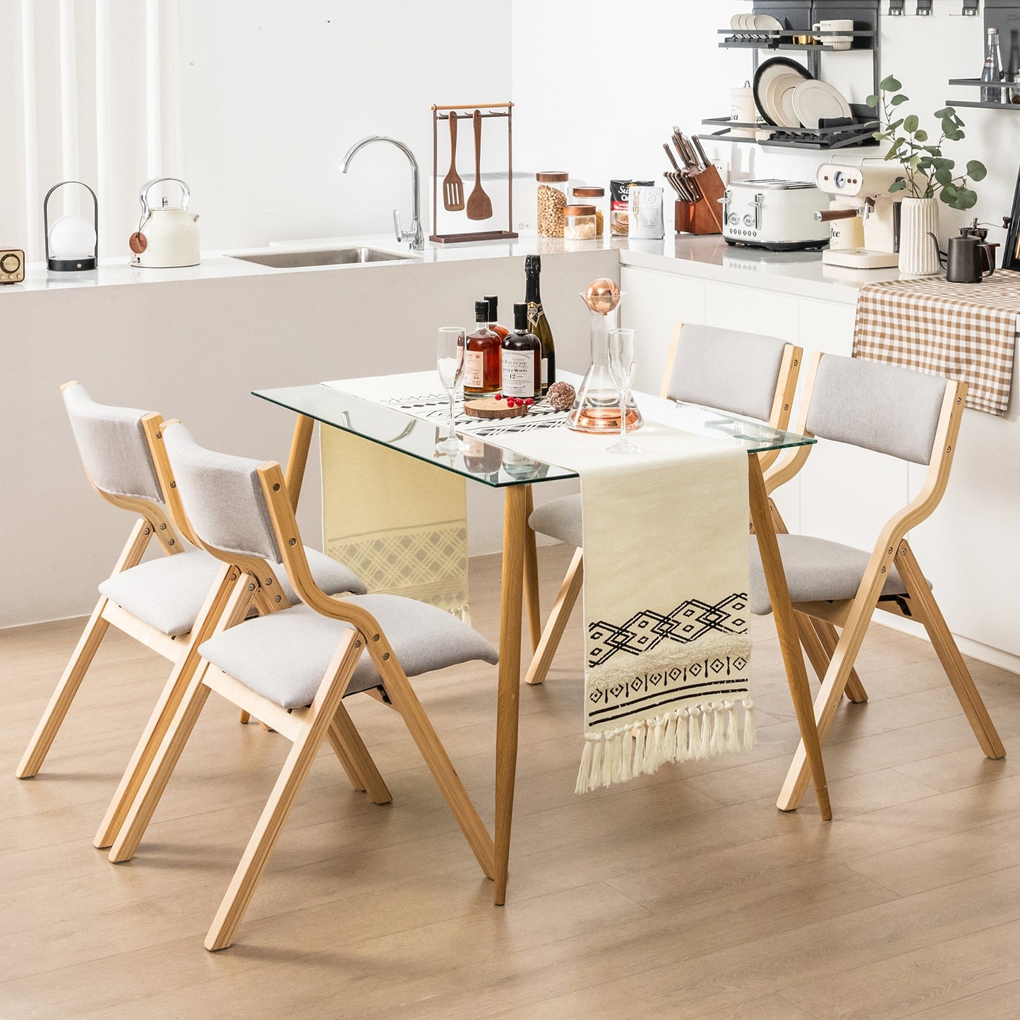 Pair of Wooden Folding Dining Chairs with Linen Fabric Padded Seat and Backrest - Natural