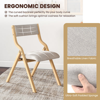Pair of Wooden Folding Dining Chairs with Linen Fabric Padded Seat and Backrest - Natural