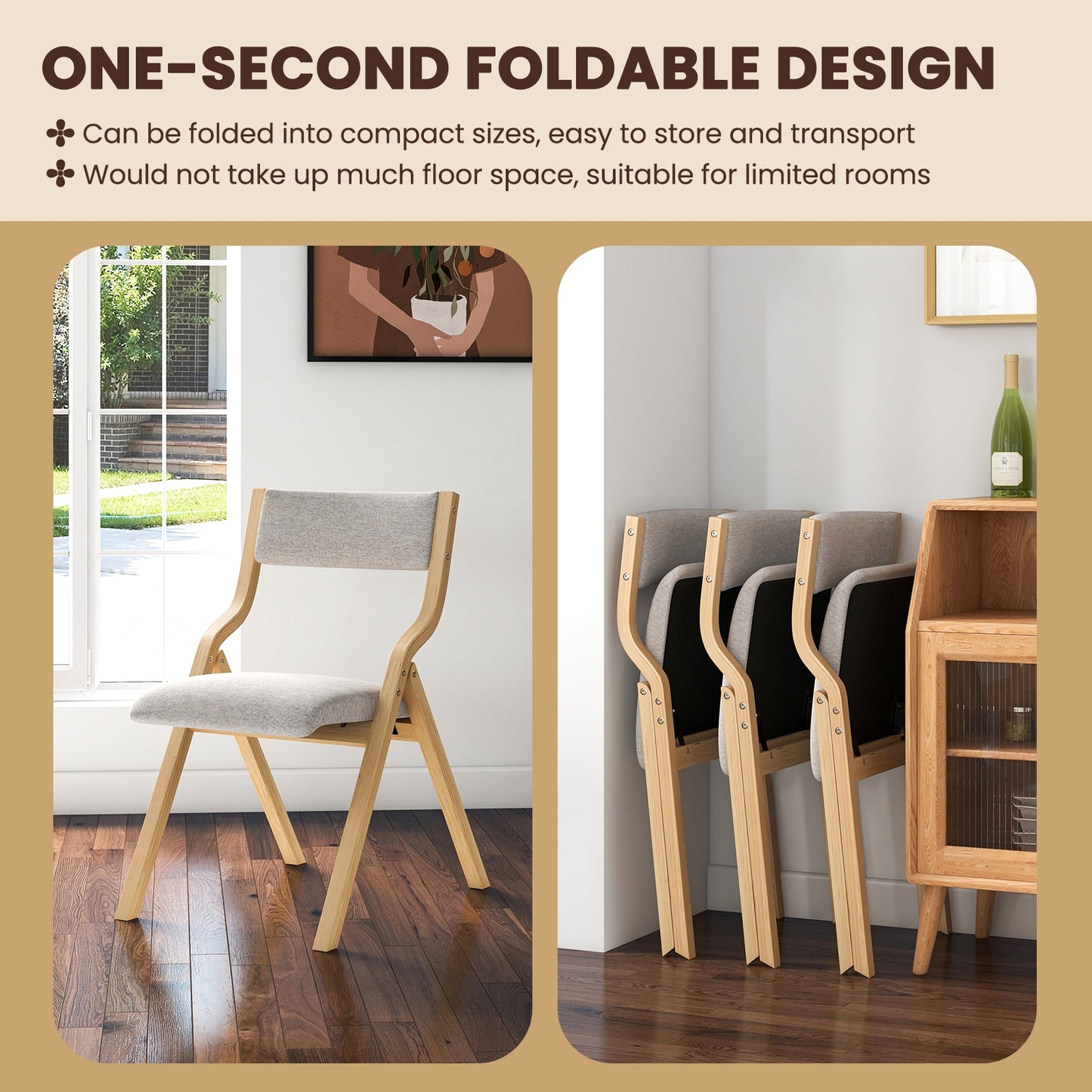 Pair of Wooden Folding Dining Chairs with Linen Fabric Padded Seat and Backrest - Natural