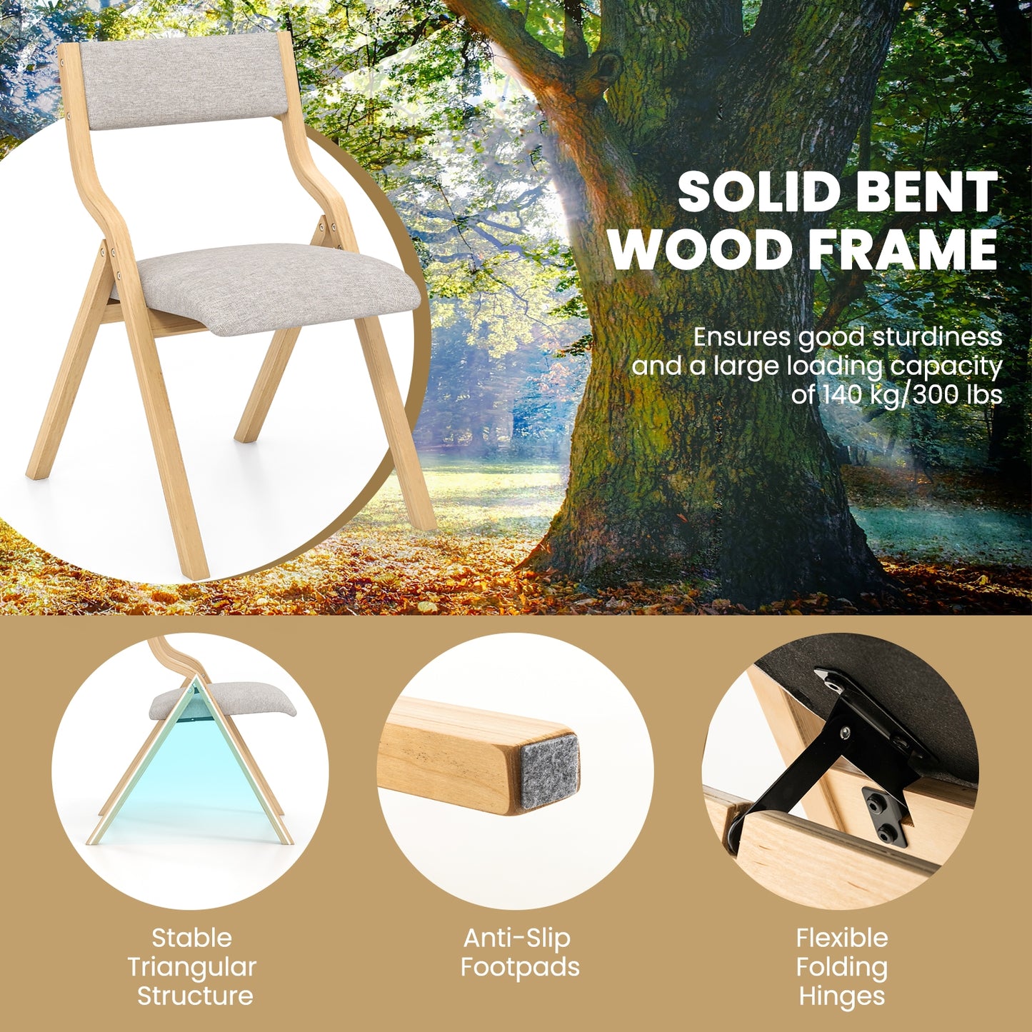 Pair of Wooden Folding Dining Chairs with Linen Fabric Padded Seat and Backrest - Natural