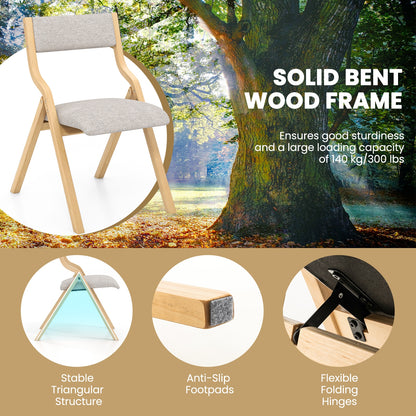 Pair of Wooden Folding Dining Chairs with Linen Fabric Padded Seat and Backrest - Natural