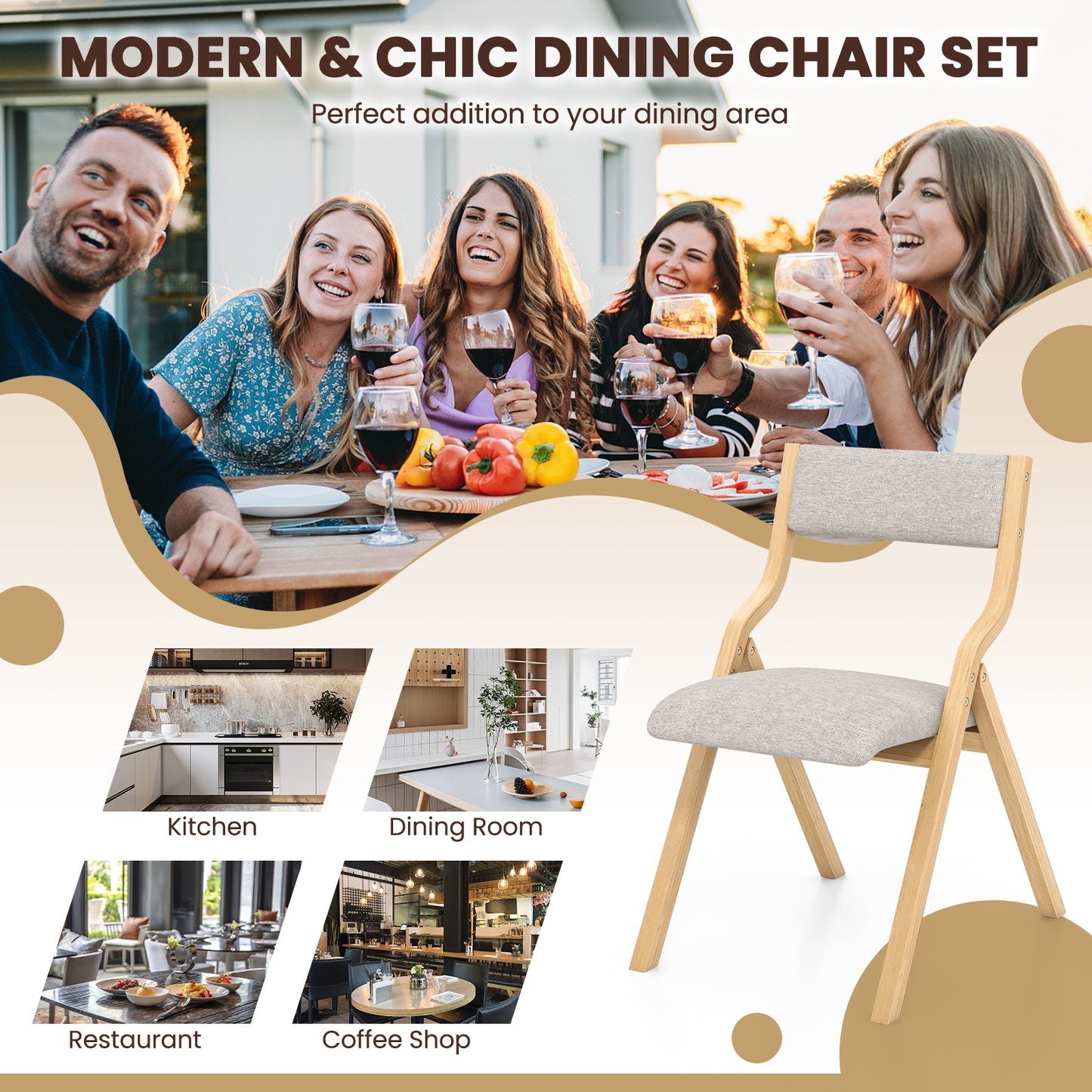 Pair of Wooden Folding Dining Chairs with Linen Fabric Padded Seat and Backrest - Natural