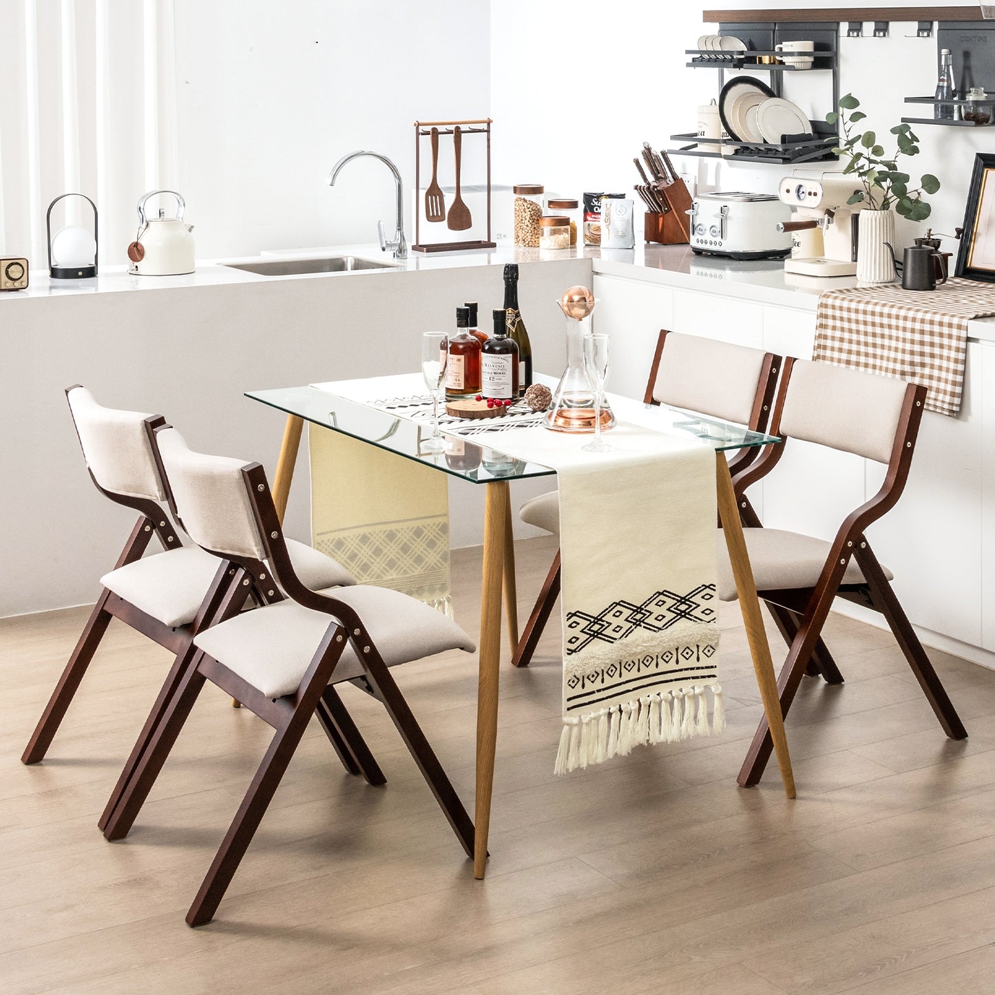 Pair of Wooden Folding Dining Chairs with Linen Fabric Padded Seat and Backrest - Coffee