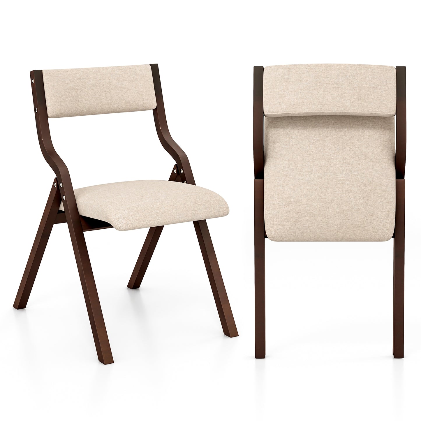 Pair of Wooden Folding Dining Chairs with Linen Fabric Padded Seat and Backrest - Coffee
