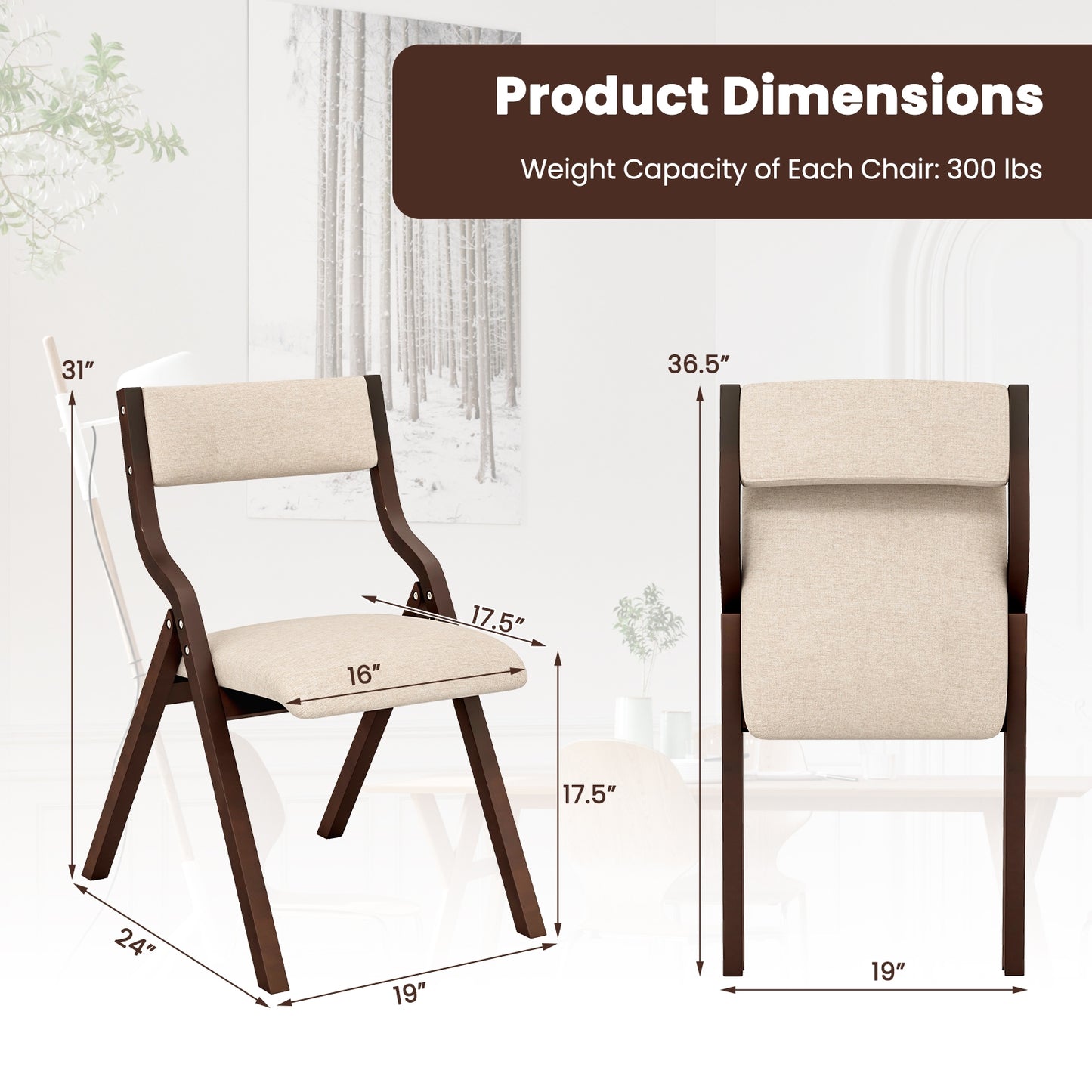 Pair of Wooden Folding Dining Chairs with Linen Fabric Padded Seat and Backrest - Coffee