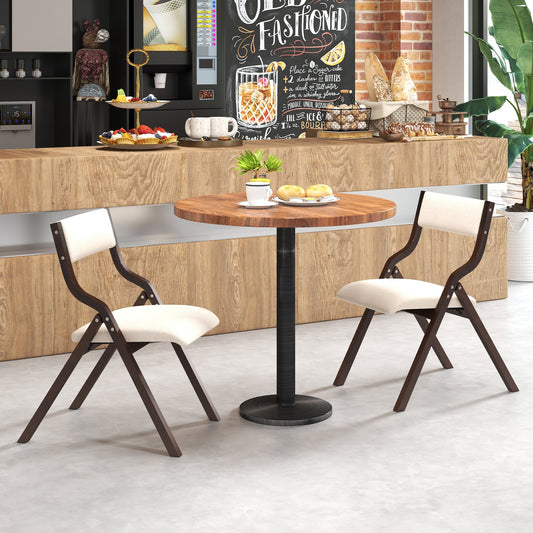 Pair of Wooden Folding Dining Chairs with Linen Fabric Padded Seat and Backrest - Coffee
