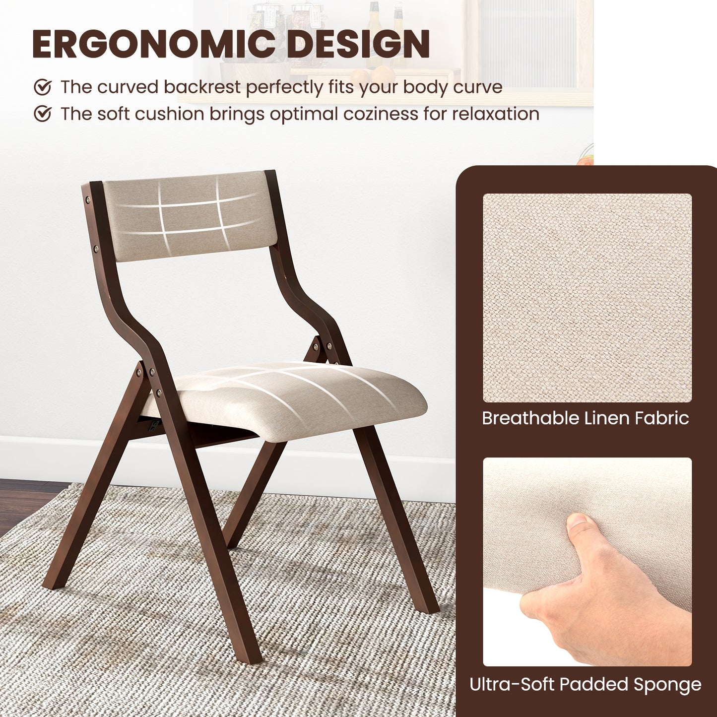 Pair of Wooden Folding Dining Chairs with Linen Fabric Padded Seat and Backrest - Coffee