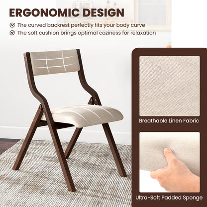 Pair of Wooden Folding Dining Chairs with Linen Fabric Padded Seat and Backrest - Coffee