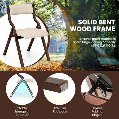 Pair of Wooden Folding Dining Chairs with Linen Fabric Padded Seat and Backrest - Coffee