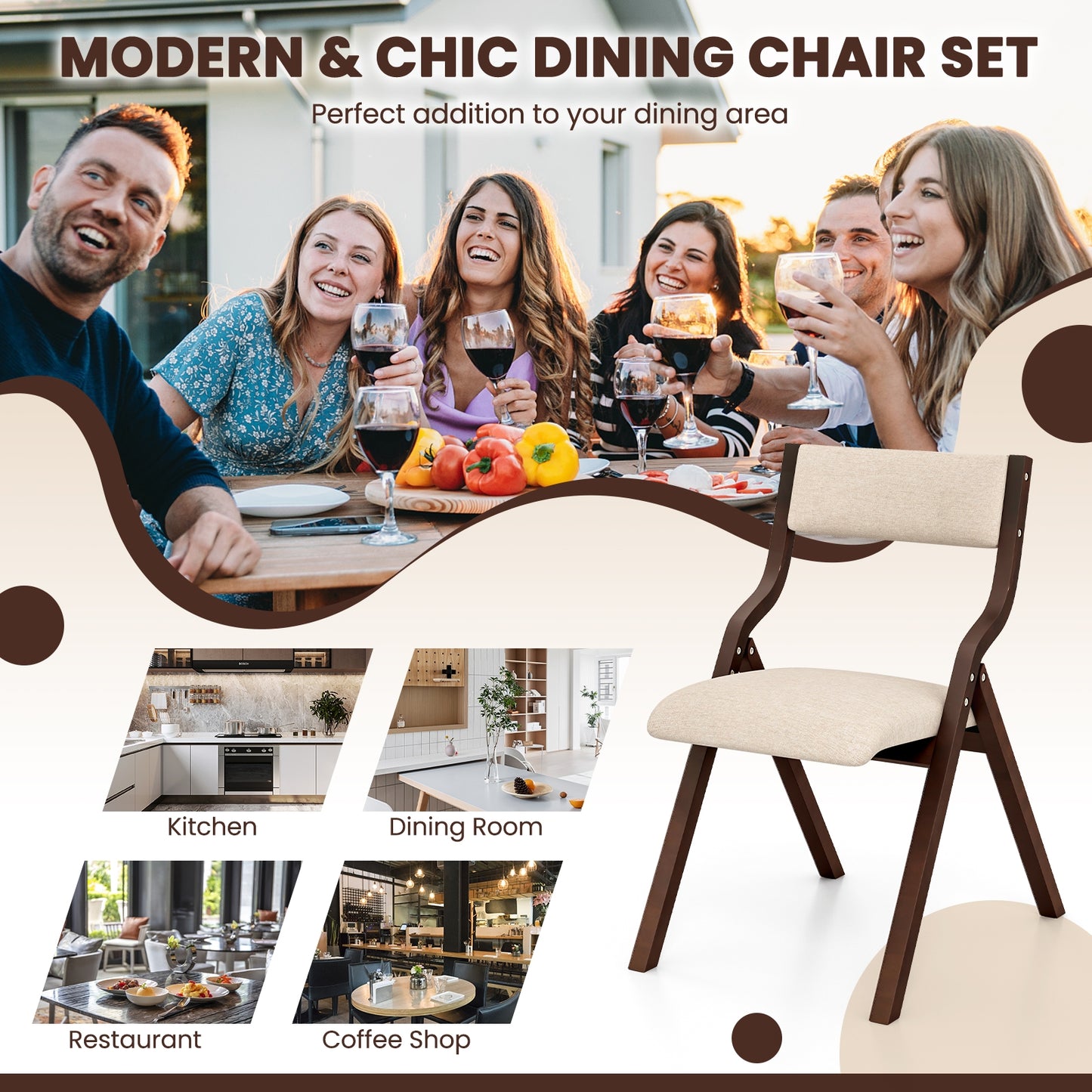 Pair of Wooden Folding Dining Chairs with Linen Fabric Padded Seat and Backrest - Coffee