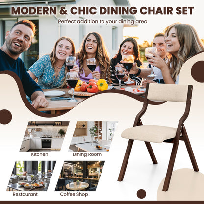 Pair of Wooden Folding Dining Chairs with Linen Fabric Padded Seat and Backrest - Coffee