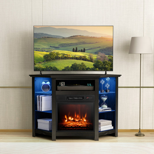 Corner TV Stand with Built-In Electric Fireplace and Smart LED Lights for TVs up to 50 Inches - Black