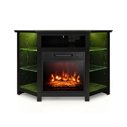 Corner TV Stand with Built-In Electric Fireplace and Smart LED Lights for TVs up to 50 Inches - Black