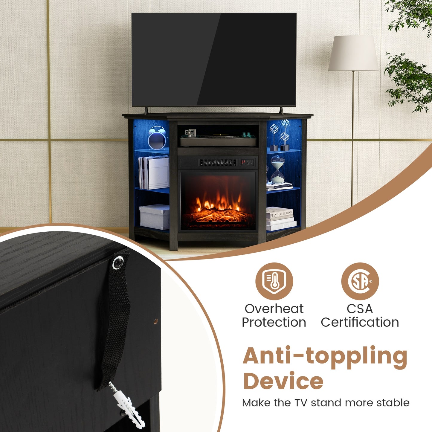 Corner TV Stand with Built-In Electric Fireplace and Smart LED Lights for TVs up to 50 Inches - Black