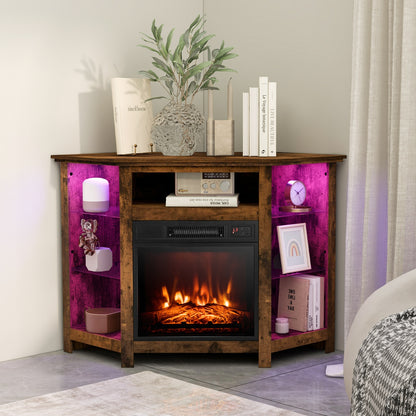 Corner TV Stand with Built-In Electric Fireplace and Smart LED Lights for TVs up to 50 Inches - Rustic Brown