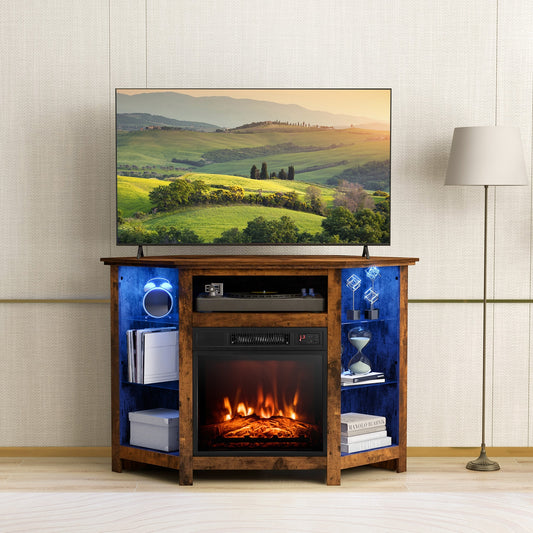Corner TV Stand with Built-In Electric Fireplace and Smart LED Lights for TVs up to 50 Inches - Rustic Brown