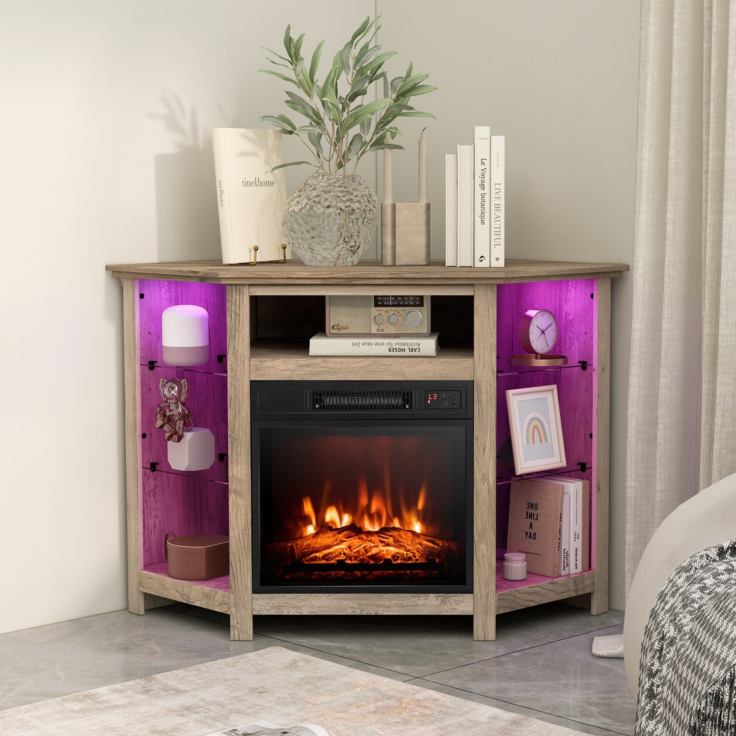 Corner TV Stand with Built-In Electric Fireplace and Smart LED Lights for TVs up to 50 Inches - Grey