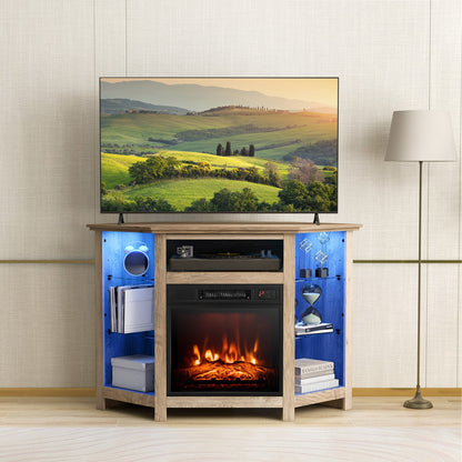 Corner TV Stand with Built-In Electric Fireplace and Smart LED Lights for TVs up to 50 Inches - Grey